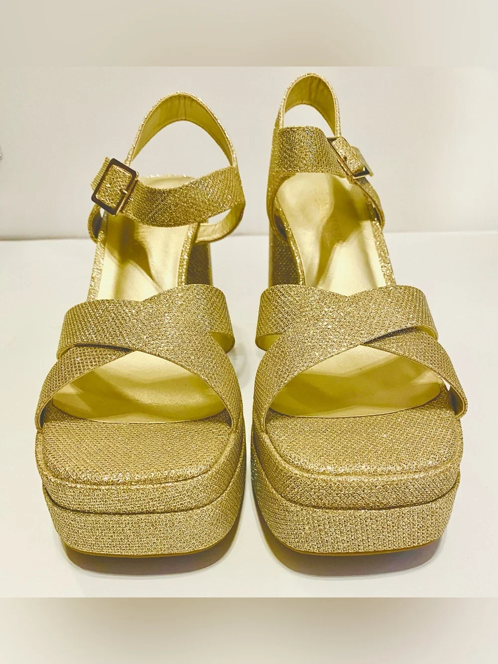 DREAM PAIRS-Size 9-Sparkle Gold Peep Toe Platform Ankle Strap Chunky Heels, NEW